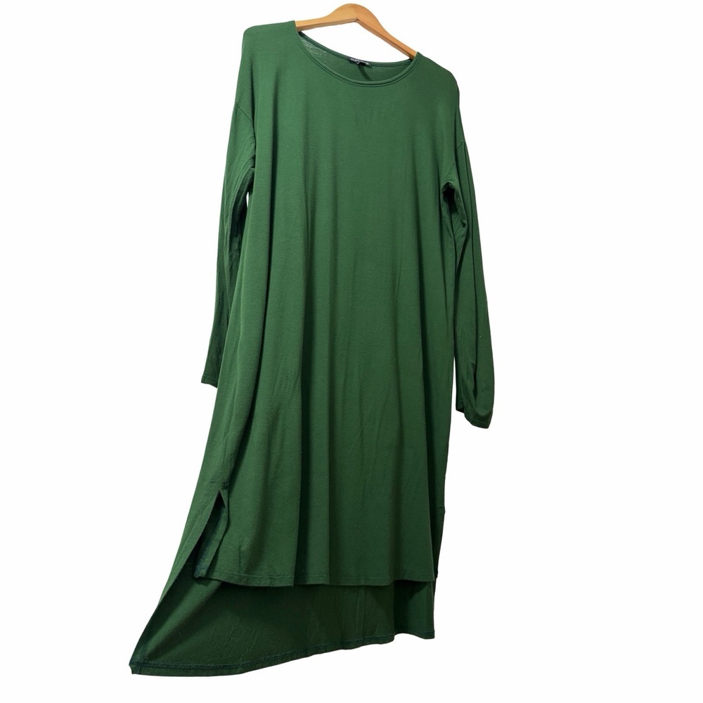 Eileen Fisher Jersey Long Sleeve  Midi Shift Dress Size M Green Stretch Casual